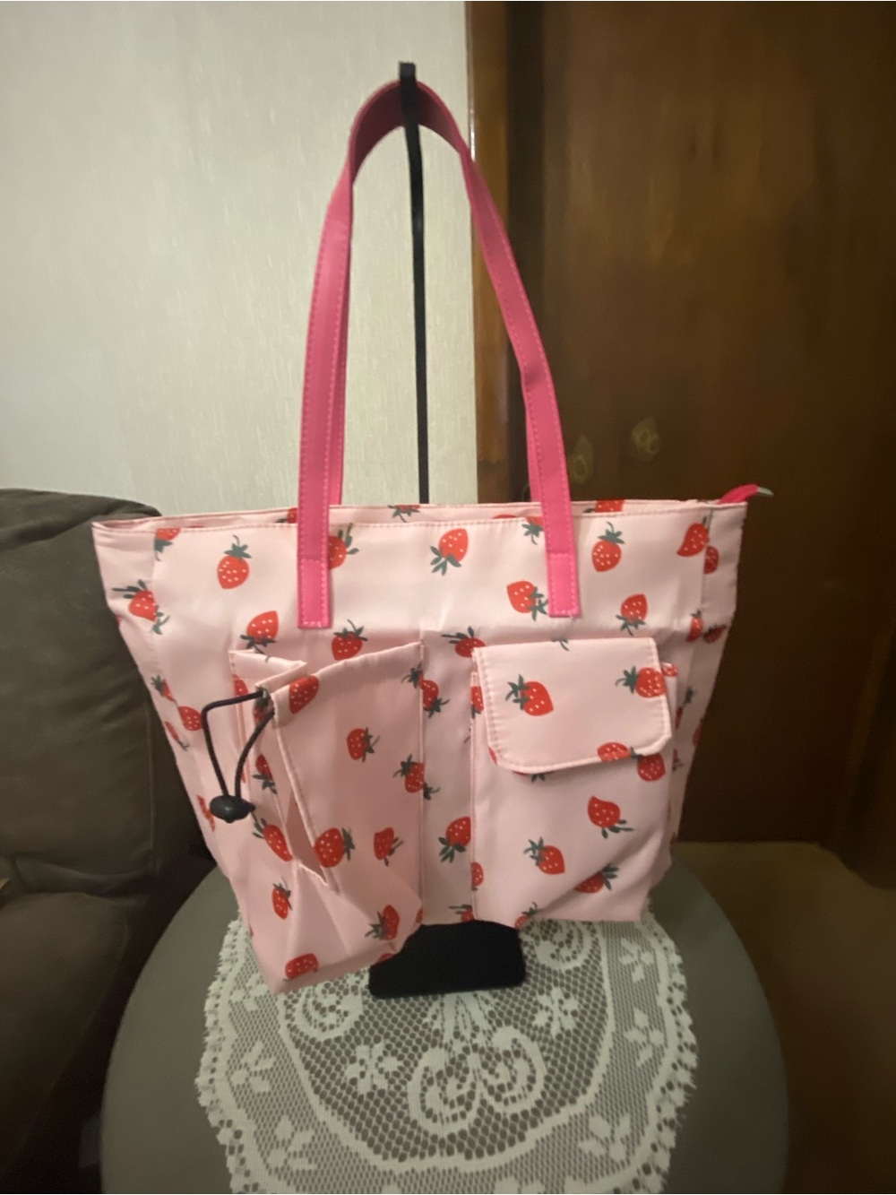 Pink Strawberry Print Tote Bag with Front Pockets - Picture 6 of 6